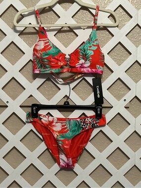 bebe Red & Teal Floral Tropical Print Bikini Set